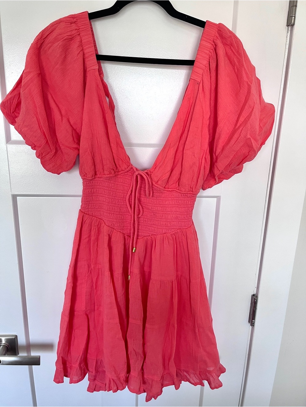 Free People Coral/Pink Puff Sleeve Mini Dress